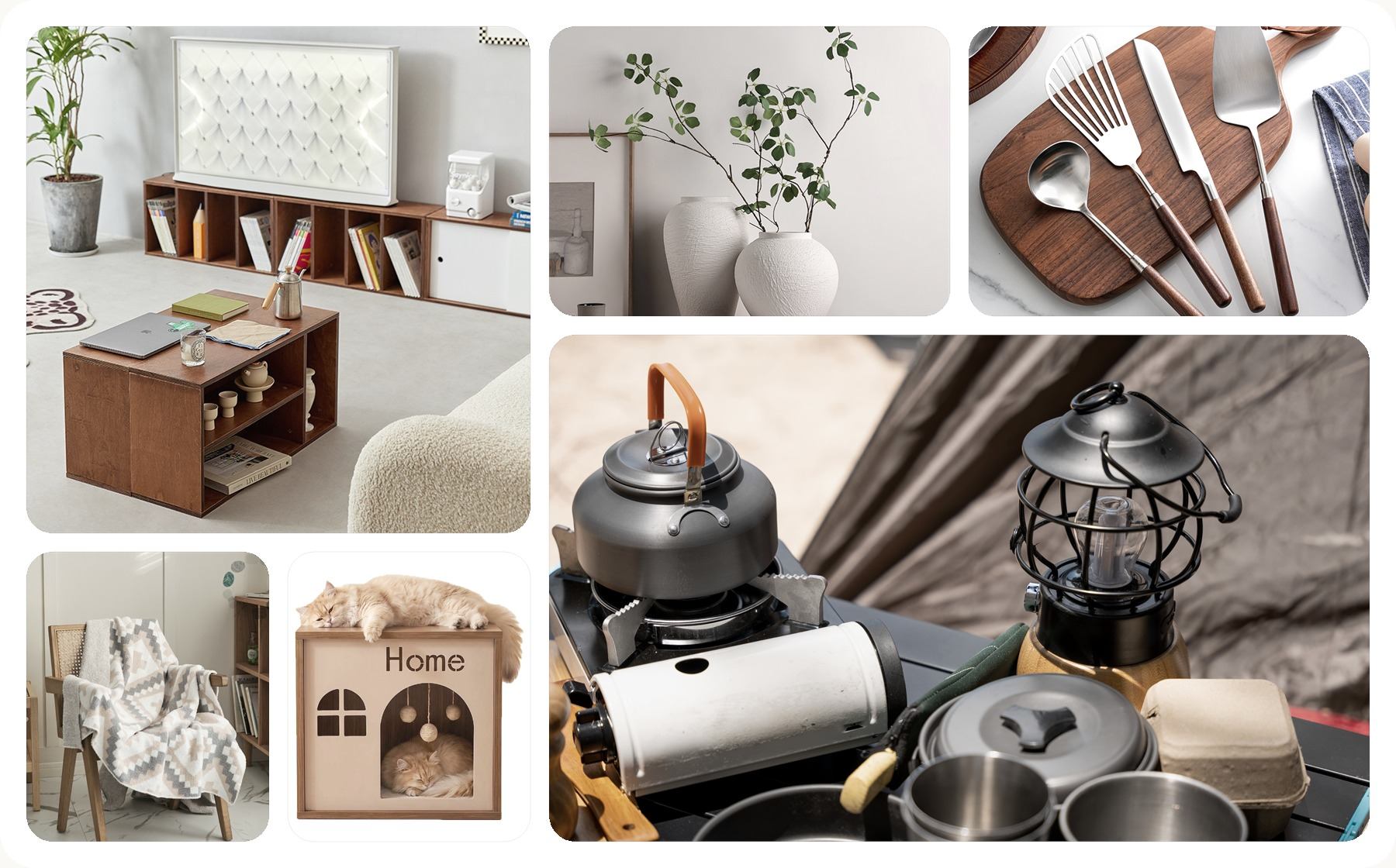 Product sourcing category collage including furniture, home decor, kitchen, outdoor, textile, and pet products